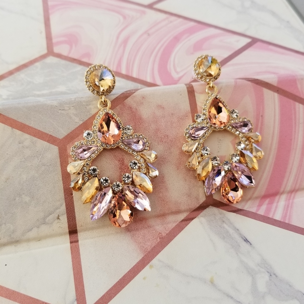 Yellow and pink gemstones rhinestone earrings, custom jewelry - Picture 4 of 7